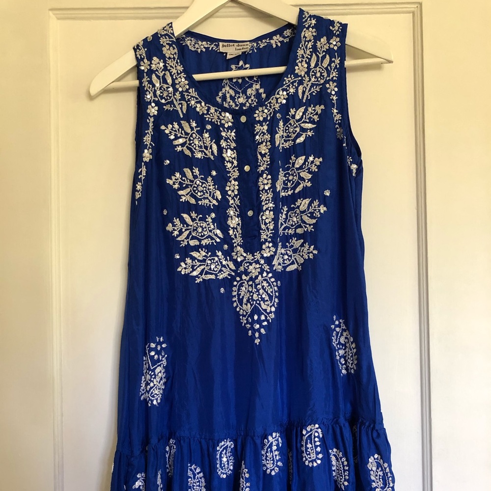 Juliet Dunn Blue Hand Embroidered Silk Dress